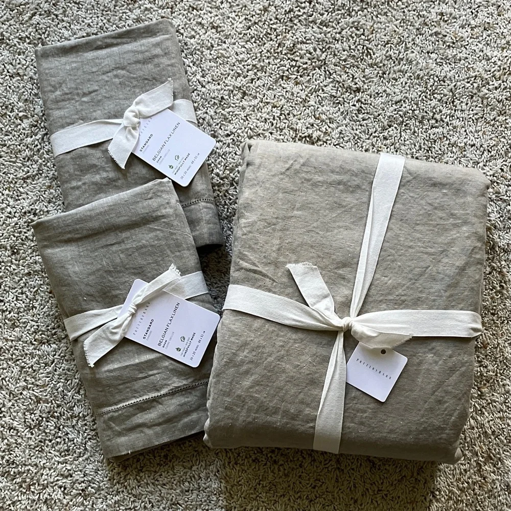 NWT Pottery Barn Full Queen Belgian Flax Linen Hemstitch Duvet /2 Standard Shams - Picture 2 of 9